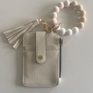 Beaded Wristlet Card Wallet in Cream with Tassel